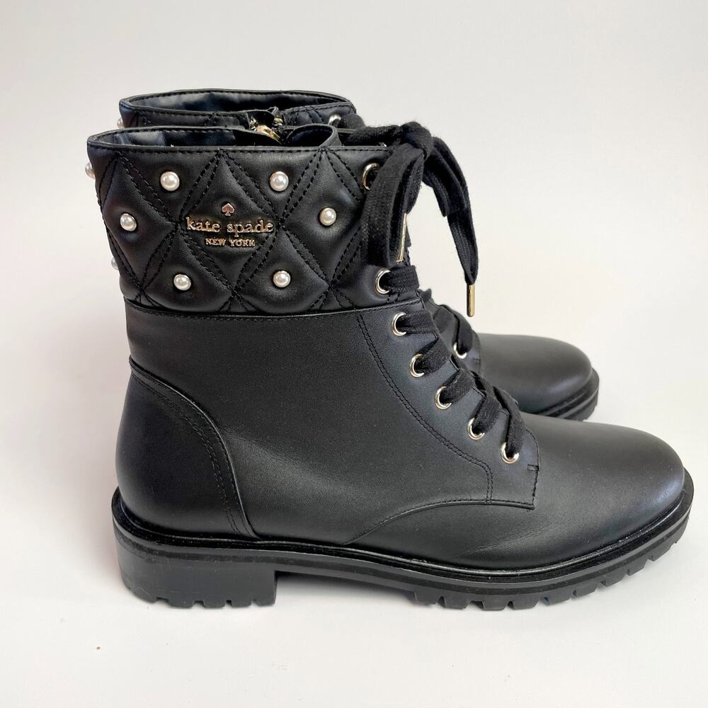 NWOT Kate Spade Billie Pearl Ankle‎ Boots Sz 8.5 Black Leather Glam Grunge